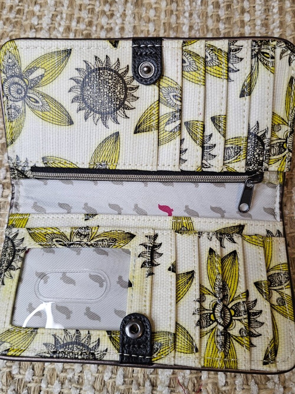 Sakroots, Slim Wallet, Yellow & Black Flowers on an off White Background